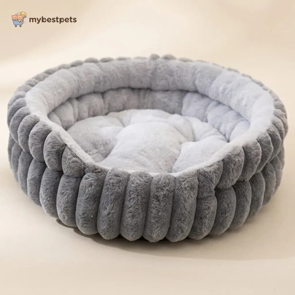 Round Plush Cat and Dog Bed with Puffy Ribbed Rim