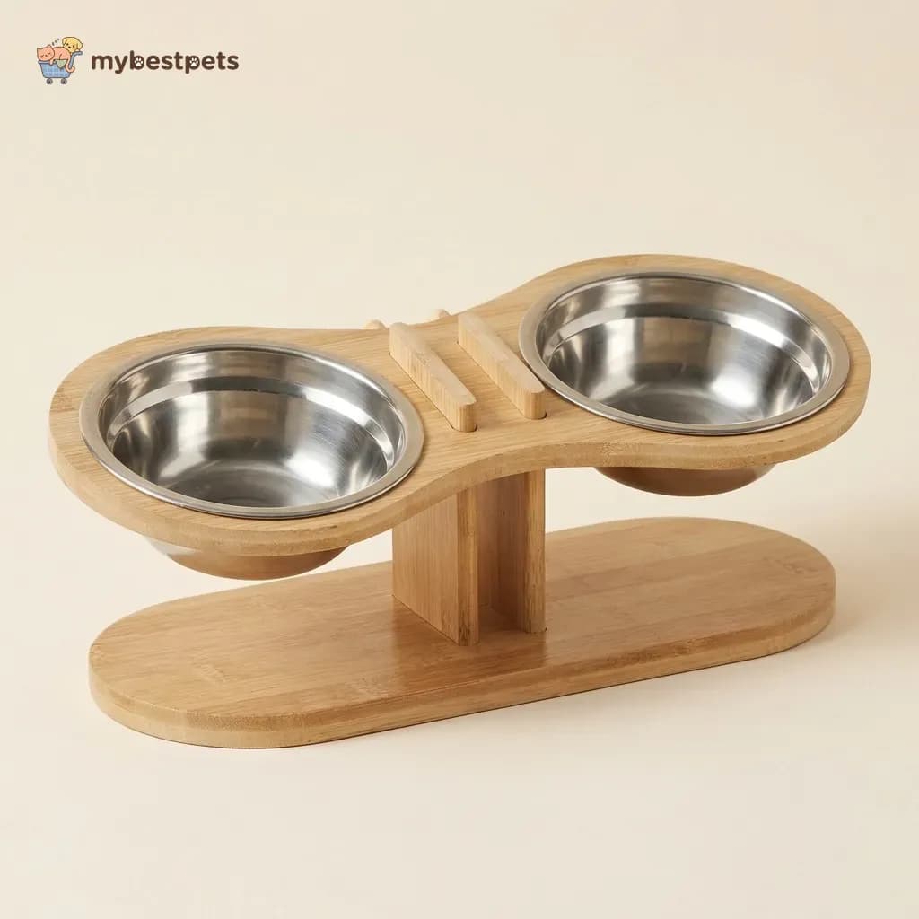 Raised Bamboo Pet Bowl Stand with Tilted Double Bowls