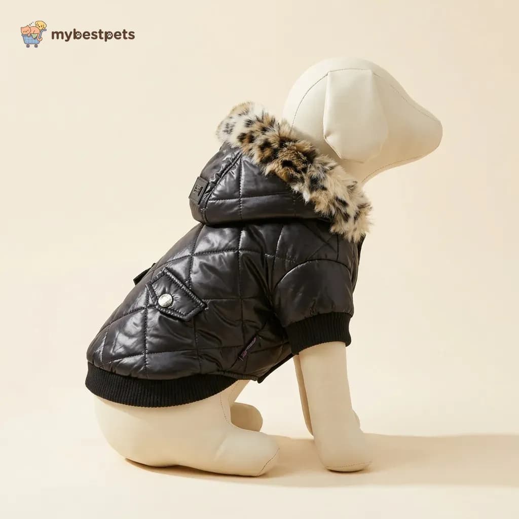 Quilted Winter Dog Jacket with Faux Fur Hood and Buttons
