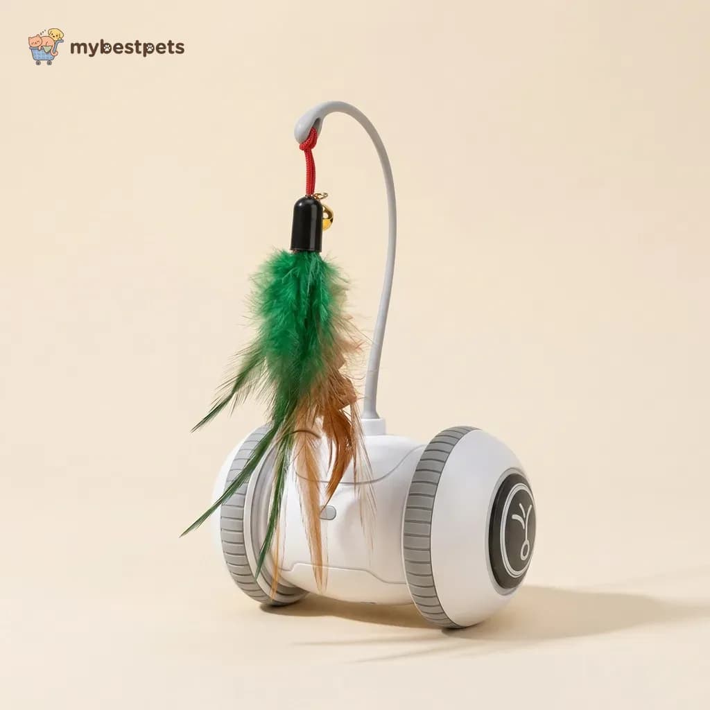Rolling Robot Cat Toy with Feather Wand Attachment