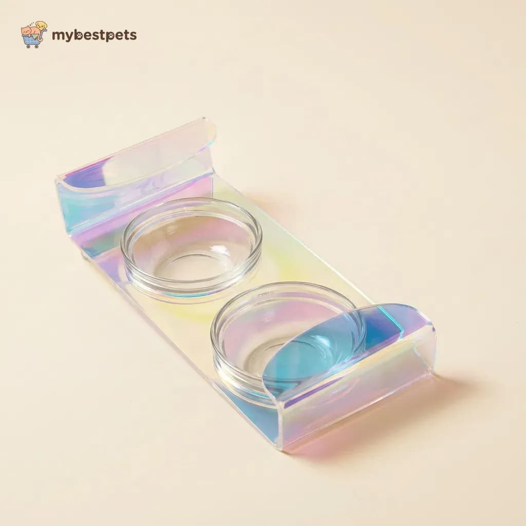 Raised Pet Bowl Stand in Iridescent Acrylic with Glass Bowls