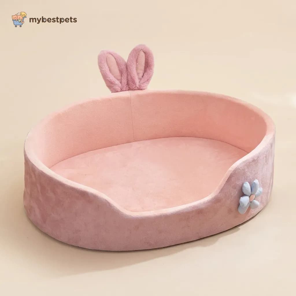 Pink Princess Pet Bed with Bunny Ears and Washable Cover