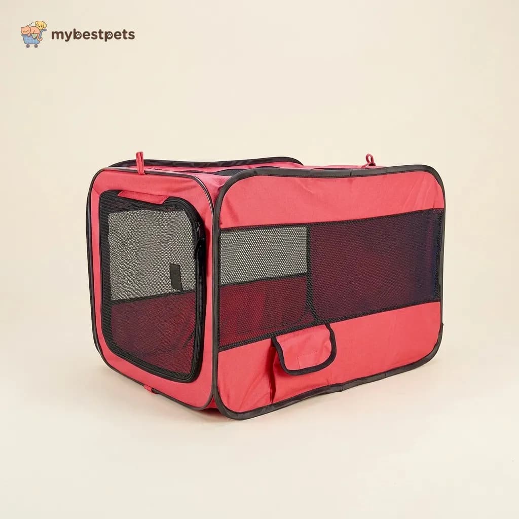 Foldable Pet Travel Crate with Mesh Windows and Seatbelt Straps