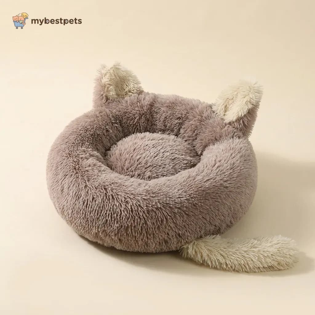 Fluffy Round Pet Bed with Ears and Tail for Cats and Small Dogs