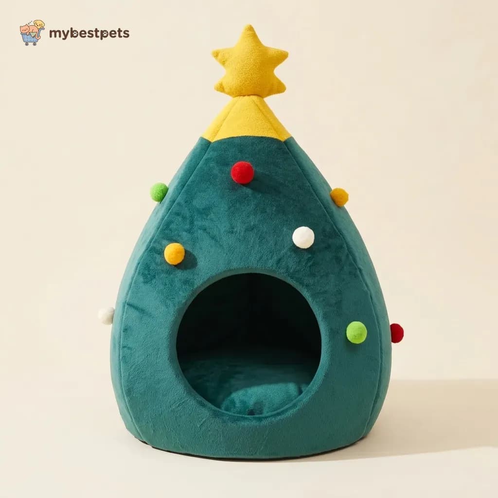 Christmas Tree Cat Cave Bed with Star and Pompoms