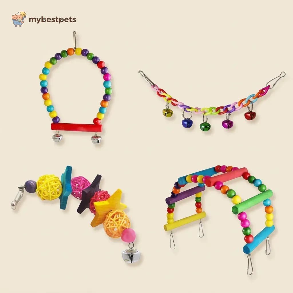 Colourful Parrot Toy Set with Bead Swing, Bells and Ladder