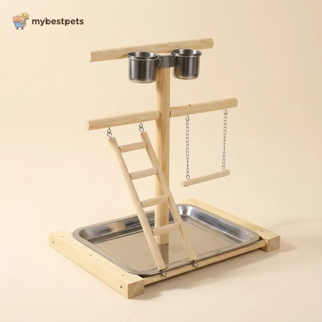 Wooden Parrot Play Stand with Ladder, Steel Tray and Cups