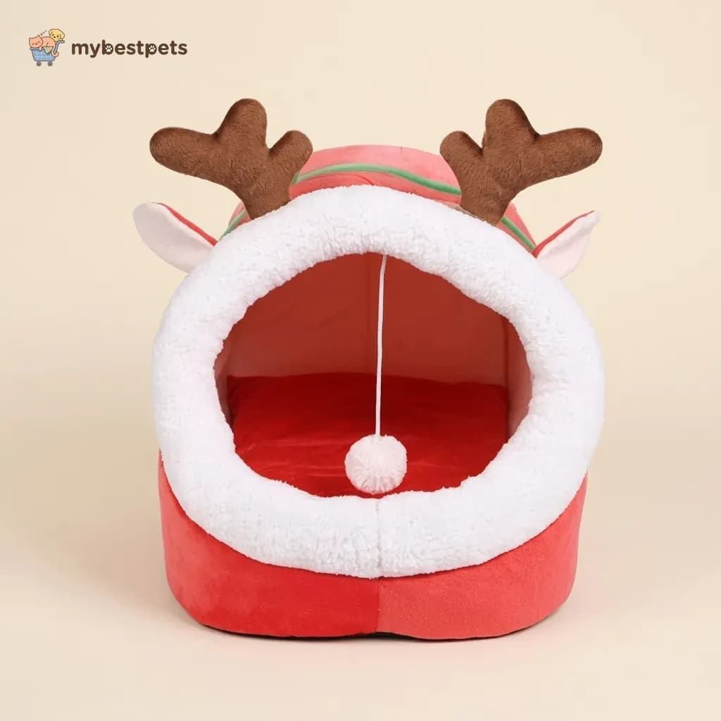 Plush Cat Cave Bed with Pom-Pom and Washable Mattress
