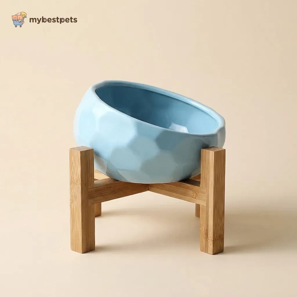Raised Tilted Ceramic Cat Bowl with Wooden Stand