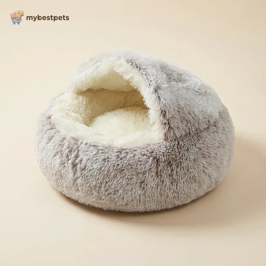 Round Hooded Pet Bed for Cats and Dogs, Plush or Velvet