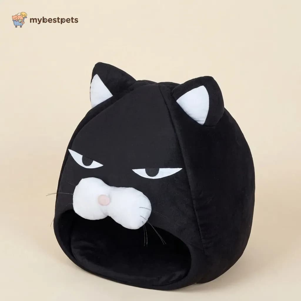 Cat Cave Bed Shaped Like a Grumpy Black Cat