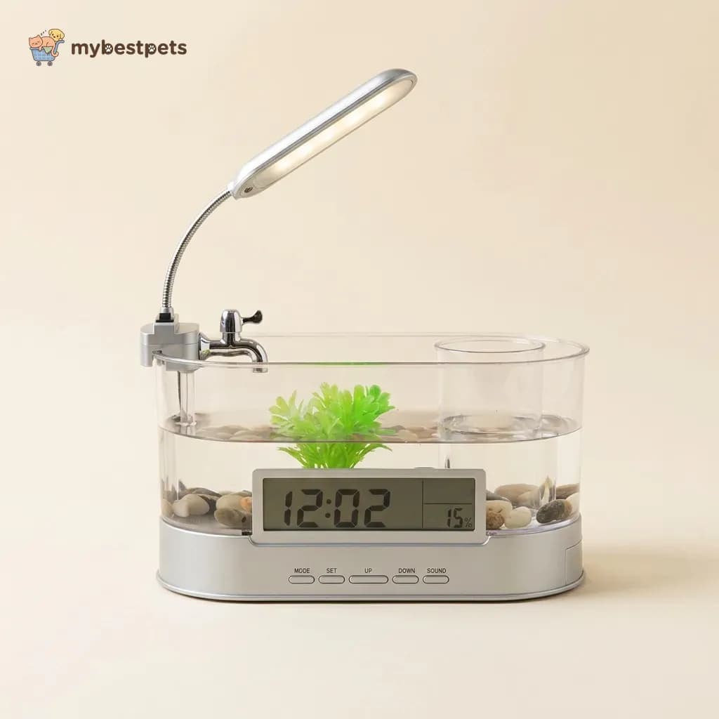 Mini Desktop Fish Tank with LED Lamp, Clock and Pen Holder