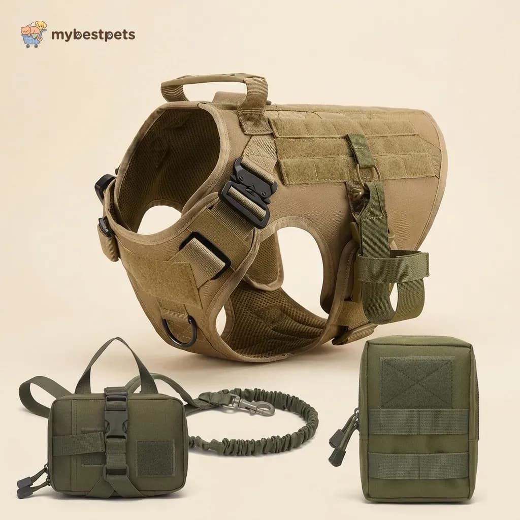 Tactical Dog Harness Vest with Bungee Leash and Pouches