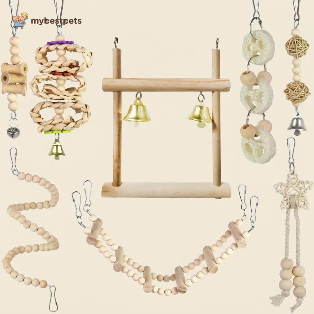 Natural Wood Parrot Chew Toy Set with Swing and Bendy Perch