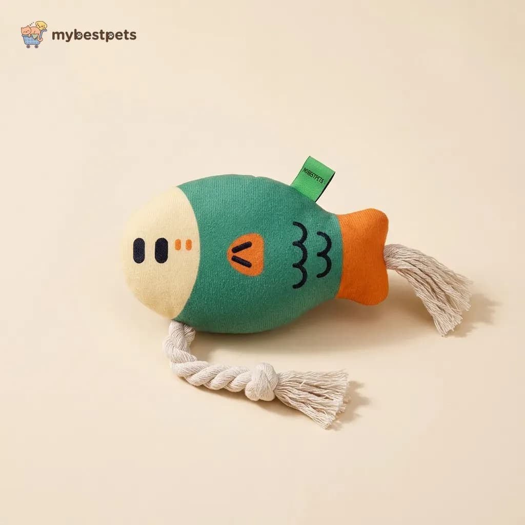 Squeaky Plush Puffer Fish Dog Toy with Rope Tail