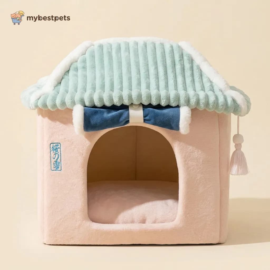Enclosed Cat House, Cottage Style with Bow and Reversible Cushion